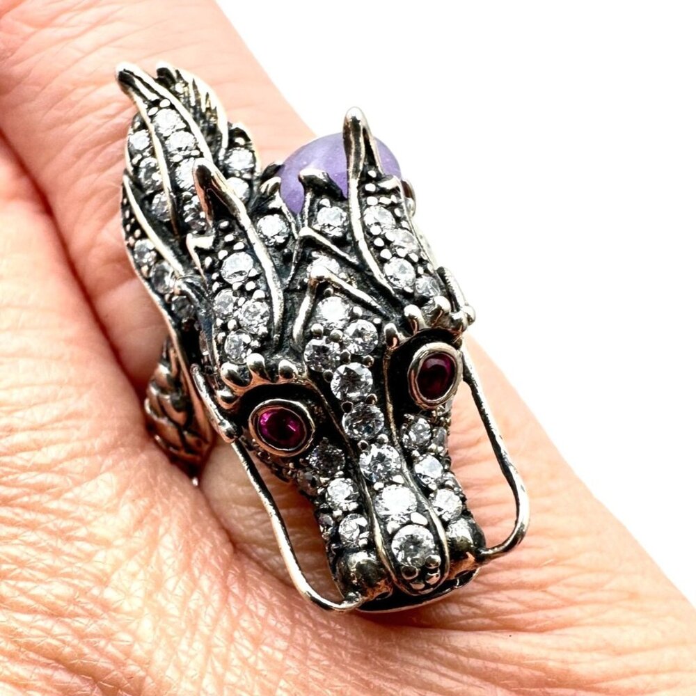 Jade of Yesteryear Womens Ring Sterling Silver Purple Jade Ruby Eyes Size 6